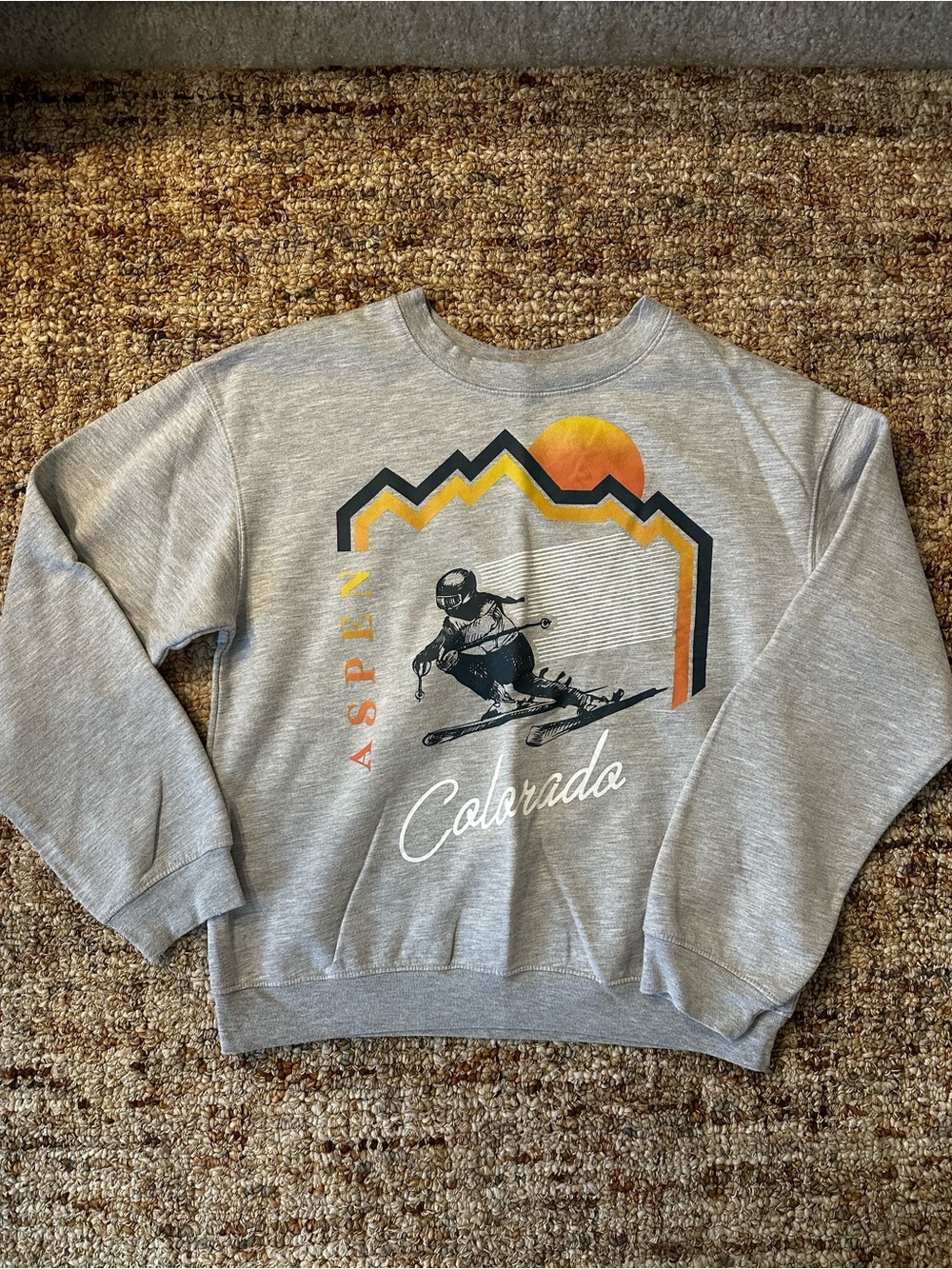 Wound Up Gray Crewneck Sweater with Ski Graphic and Sunset Accents